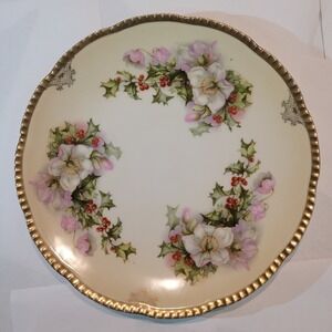 Antique R.S. Prussia Hand Painted Hellebore Holly Berry Gold Scallop Plate 8.5"